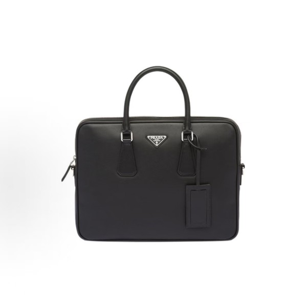 PRADA Saffiano enamel metal triangular logo zipper opening and closing hand shoulder crossbody bag briefcase Men\'s black style